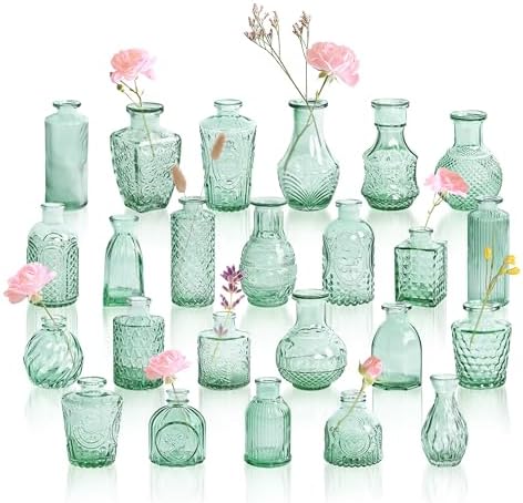 Aqua Green Glass Bud Vases Set of 24, Vintage Small Vases for Flowers Centerpieces, Table Decoration, Baby Shower, Decorative Mini Flower Vase Bulk for Holiday, Party, Bridal Shower, Home by GarDream