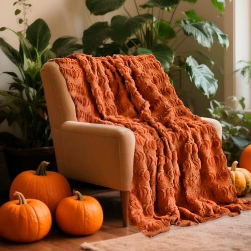 Fall Halloween Pumpkin Throw Blanket - Rust Red Autumn Decor for Couch Bed by ChezMax