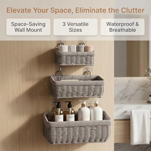 Wall Baskets, Hanging Wicker Baskets for Kitchen Bathroom Garage Porch Door Decor and Organizing (Gray, S+M+L) - Image 2