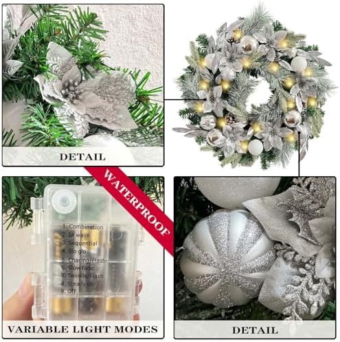 WANNA-CUL Pre-Lit 24 Inch Silver White Christmas Wreath for Front Door - Image 3