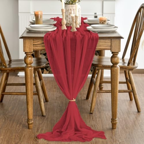 Artoid Mode Boho Red Gauze 6 Pieces Wedding Table Runner, 120 Inch Birthday Fabric Kitchen Dining Holiday Table Decor for Home Party Indoor - Image 3