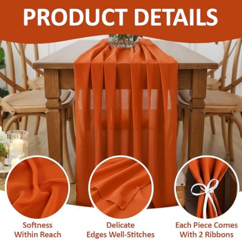 MDS Pack of 25 | Brunt Orange | 14ft Chiffon Table Runner 29x170 Inches Long Romantic Rustic Sheer Gauze Runner for Wedding Bridal Shower Birthday Banquets Engagement Spring Easter Boho Decorations - Image 5