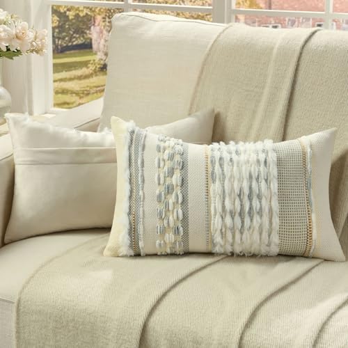FUTEI 2 Pack Tufted Throw Pillow Covers Covers 30x50 cm,Grey Blue+White - Image 4