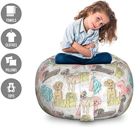 Ambesonne Dogs Storage Toy Bag Chair, Pattern with Little Purebred Puppy Dogs Bichon Pug Spitz Dachshund Poodle Shih Tzu, Stuffed Animal Organizer Washable Bag, Large Size, Pink White - Image 2