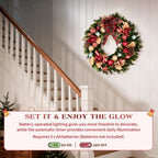 Hykolity 28 Inch Pre-Lit Magnolia Christmas Wreath, Battery Operated Lighted Wreath with 50 Warm White LEDs, Timer, Burgundy Flowers, Plaid Bow, Ornaments and Pinecones for Front Door - Image 4
