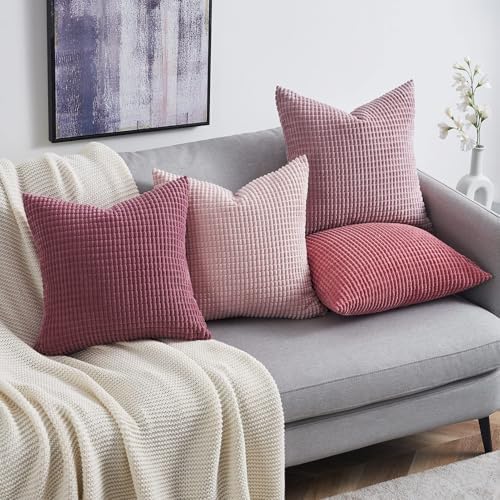 Topfinel 4 Packs Pink Decorative Throw Pillow Covers 22x22 Inch for Living Room Couch Bed Sofa, Boho Western Farmhouse Home Decor, Square Soft Moss Corduroy Fall Cushion Case 55x55 cm - Image 2