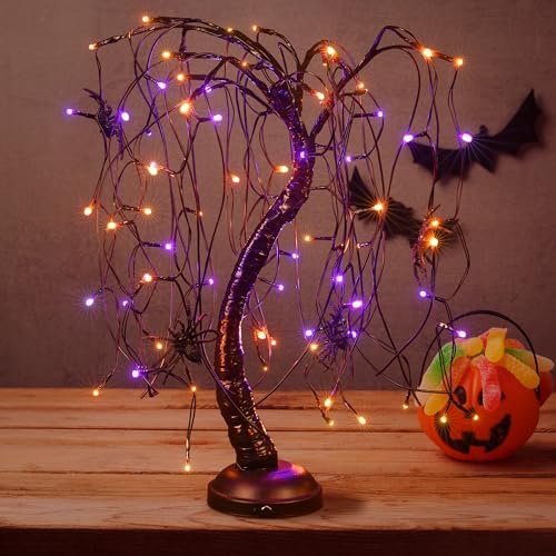 24Inch Halloween Lighted Willow Tree Bonsai Light 80 Orange and Purple LED Lights Table Top Lamp Artificial Tree Desk Decor with 4 Spiders Adapter Plug in/Battery Powered for Christmas Decoration by SPIRITSTARCHRISTMASCENTER