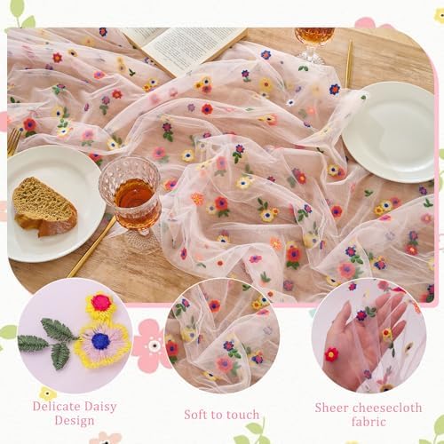 BINBE 12pcs Daisy Spring Table Runner Embroidery Gauze 10FT Florals Seasonal Tulle Holiday Birthday Kitchen Dining Table Decor for Home Party Pink - Image 3