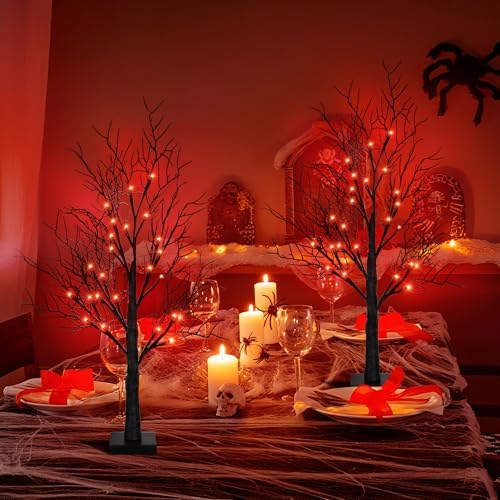Halloween Decorations Indoor 2 Pack 24 Inch Black Halloween Tree with 48 Orange Red Led Lights, Timer/USB/Battery Operated Lighted Tabletop Spooky Tree for Halloween Table Decor Home Office Party - Image 5