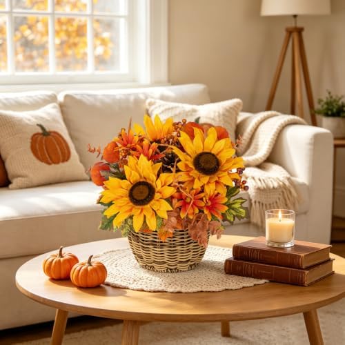 9.8" Artificial Sunflower Fall Arrangement with Woven Basket Centerpiece - Image 4