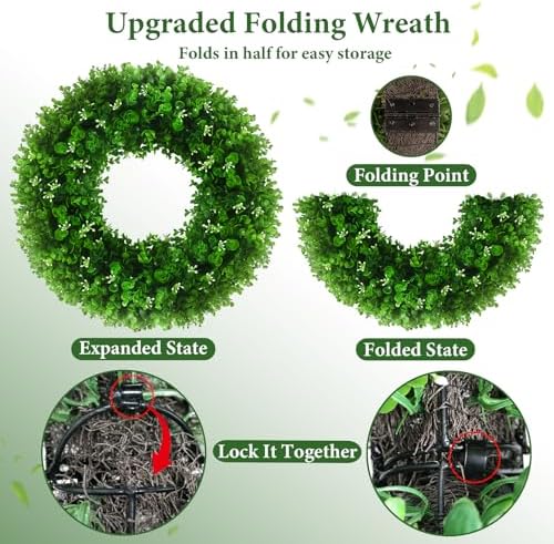 24'' Boxwood Wreaths Front Door, Foldable Green Wreath with a Sash - Image 2