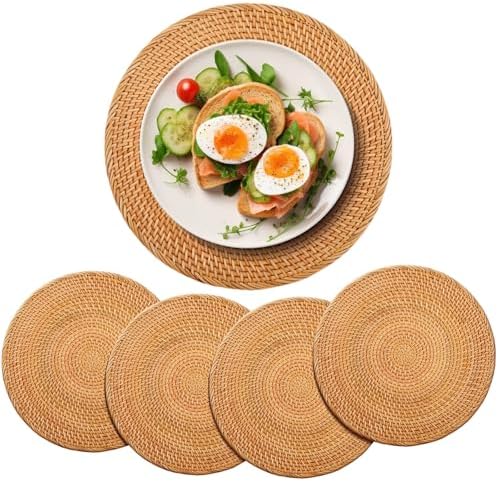 4 Pack Rattan Round Placemats, 13 Inch Woven Table Mats by Gandeer