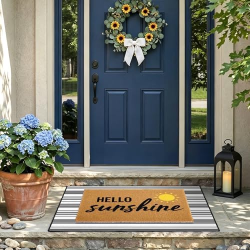 2 Pcs Layered Front Porch Decor, Hello Sunshine Welcome Doormats Summer Coastal Entryway Rug Set, Black and White Striped Crystal Velvet Base and PVC Coil Door Mat, 15.7x23.6 & 23.6x31.5 - Image 4