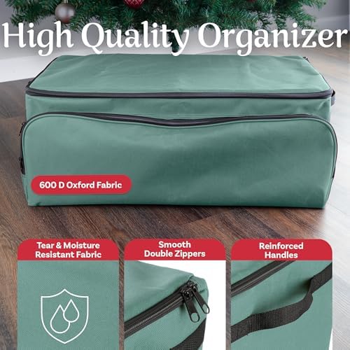 Christmas Ornament Storage Box - Christmas Ornament Organizer Storage Box with 3 Trays, Adjustable Grids, and Large Front Zipper Pocket - Fits up to 72 Bulbs and Decorations by Elf Stor (Green) - Image 2