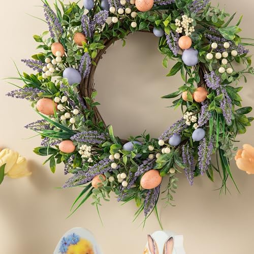 Glitzhome 22" D Easter Wreath with Artificial Easter Eggs Berries and Lavender for Front Door Wall Decor, Spring Easter Garland with Colored Eggs Berries Holiday Decoration - Image 4