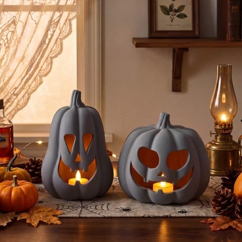 Tioncy Halloween Decor Terracotta Jack O Lantern Pumpkin Decor,Gray - Image 5