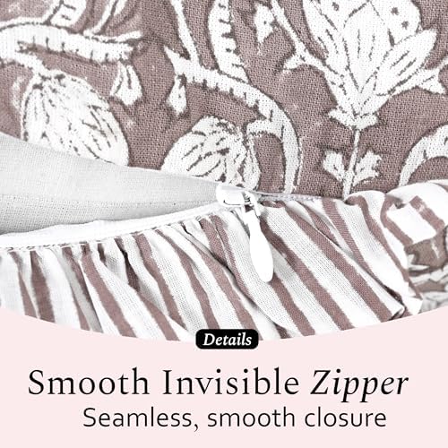 CPC Mocha Regal Hand Block Print 100% Cotton Ruffle Throw Pillow Cover 24x24 inch with Hidden Zipper Decorative for Couch, Bed, Sofa, Farmhouse, Cottagecore Decor Gift Christmas Fall Thanksgiving - Image 3