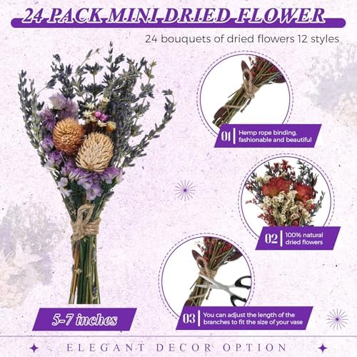 Layhit 24 Pcs Mini Dried Flower Bouquets Boho for Vase, Lavender - Image 2