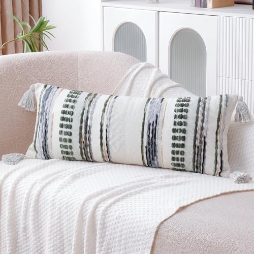NUYECY Chenille and Cotton Long Pillow for Bed,Striped Textured Boho Long Lumbar Throw Pillow Cover 16x36,Neutral Accent Decorative Extra Long Body Pillow Case for Couch Sofa Bedroom,Sage Green - Image 5