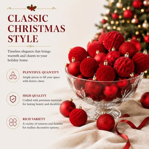 Hollowfly Red 56 Pcs Velvet Christmas Balls Ornaments Set - Image 2