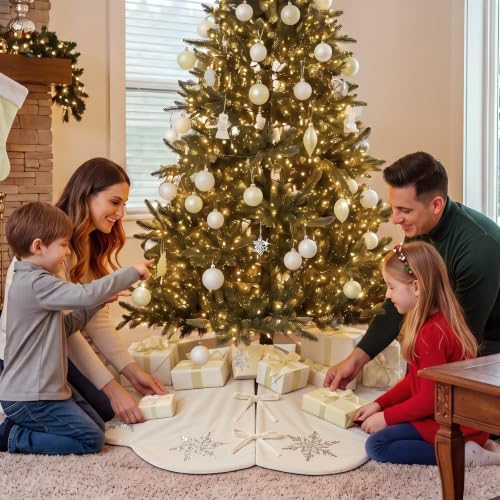 Hollowfly Creamy White Velvet Christmas Tree Skirt, Sequin Snowflake 48'' - Image 5