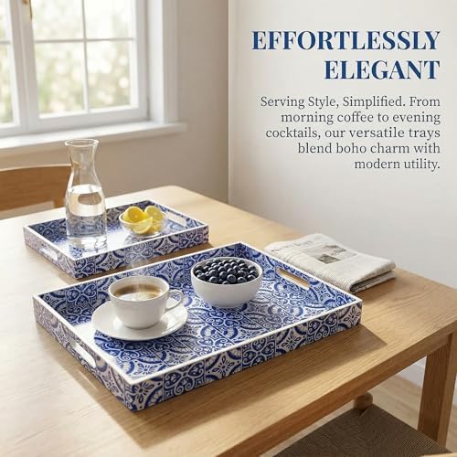2 Pack Serving Tray with Handles, Rectangular Decorative Trays for Coffee Table, Modern Blue Plastic Ottoman Tray for Living Room, Bathroom, Kitchen, Decor, (Boho Blue) - Image 6