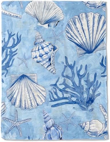 Nautical Seashells and Coral Fleece Blanket - Lightweight Soft Cozy Gifts Throw for Marine Life Lovers, Kids,Women,Starfish Blankets,Home Room Modern Ocean-Inspired Decor 60x80in by AINORI