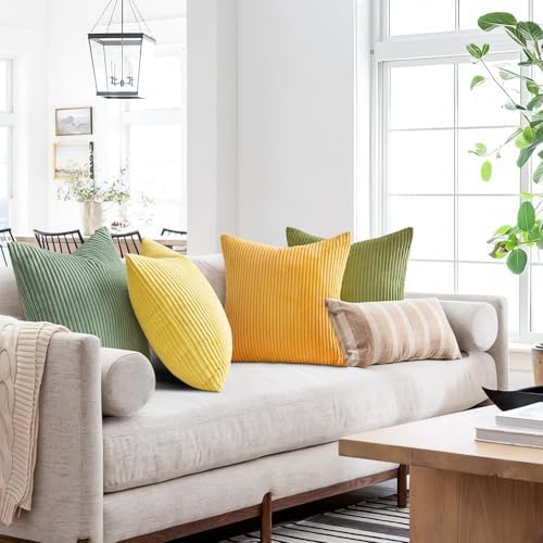 Topfinel 24x24 Decorative Large Throw Pillows Covers Set of 4,Yellow Green Mix Design Corduroy Bed Cushion Case,Couch Sofa Living Room Euro Shams No Insert,Summer Home Decor - Image 5