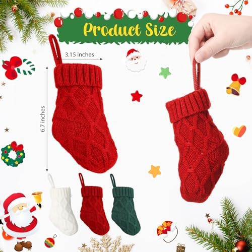 Geyoga 24 Pieces Mini Christmas Knit Stockings 6 Inch Cable Knitted Stockings Bulk Xmas Hanging Ornament Decoration for Christmas Tree Fireplace Holiday Party Favor(Red, Green, White) - Image 2