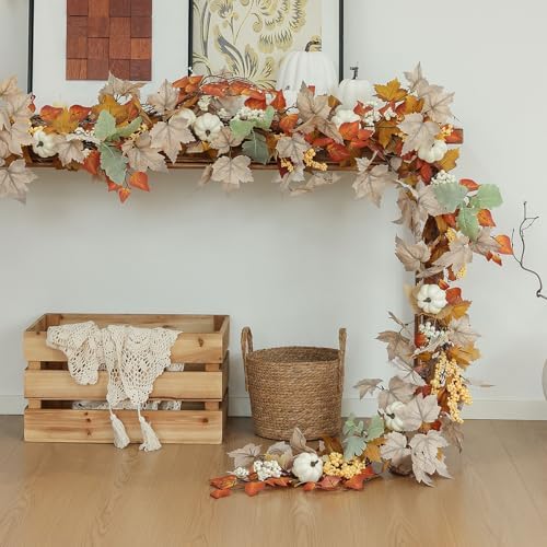 MIZII Fall Decor Artificial Maple Leaf Pumpkin Garland 6FT Fake Autumn Vines Garland Thanksgiving Halloween Harvest Decorations for Porch Mantle Table Centerpieces Fireplace Farmhouse (White PK) - Image 4