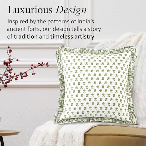 CPC Lotus Meadow Hand Block Print 100% Cotton Ruffle Throw Pillow Cover 18x18 inch with Hidden Zipper Decorative for Couch, Bed, Sofa, Farmhouse, Cottagecore Decor Gift Christmas Fall Thanksgiving - Image 7