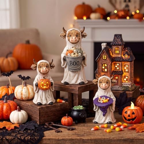 3 Pcs Halloween Highland Cow Figurines, Ghost with Pumpkin Decor - Image 5