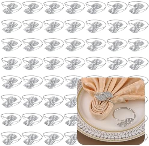 Set of 100 Napkin Rings Metal Silver Elegant Bling Leaves Rhinestone Napkin Rings Bulk Dinner Banquet Serviette Decor, Dining Table Setting for Thanksgiving Christmas Holiday Wedding Party by FCDECOR