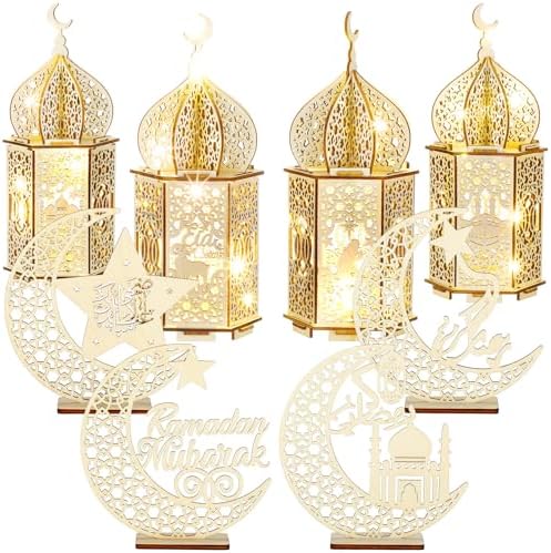8 Pcs Eid al Adha Decorations Ramadan Tabletop Ornaments 3D LED Eid al Adha Lanterns Ramadan Mubarak Handmade Wooden Moon Star Lights Decorations for Home Party Supplies(Elegant Style) by Anglechic