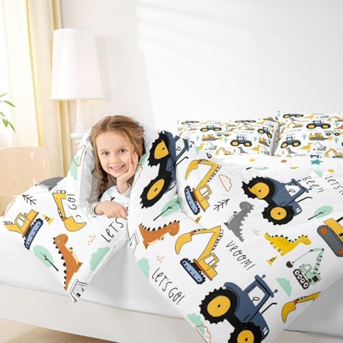 Cartoon Car Kids Comforter Set King, Excavator Tractor Bedding Set for Child Teens, Dinosaur Comforter Equipment Truck Quilted Duvet, Heavy Machinery Construction Bedding Comforter with 2 Pillowcases - Image 6