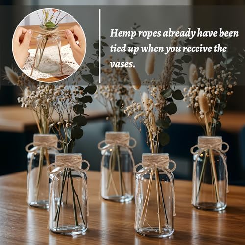 Glass Flower Vases for Centerpieces, 12Pcs Vintage Small Clear Bud Vase for Flowers Mini Crystal Decorative Bottle with Hemp Rope Bows for Housewarming Wedding Birthday Tabletop Decoration - Image 3