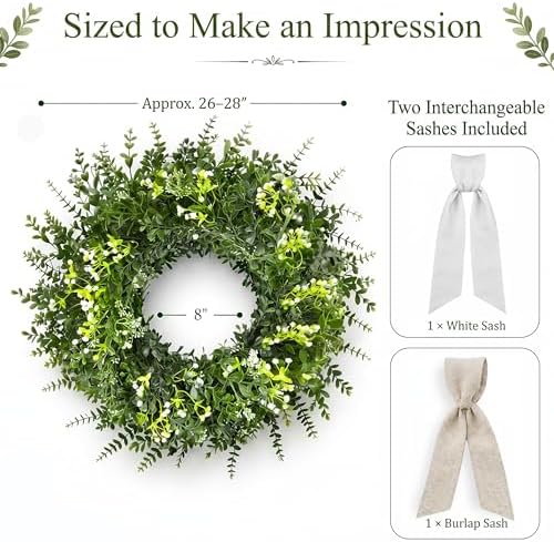 26 Inch Large Artificial Boxwood Wreaths for Front Door All Season, Eucalyptus Wreath with 2 Sashes, Baby's Breath and Flower Buds, Summer Farmhouse Greenery Decor for Outdoor, Porch, Home - Image 3