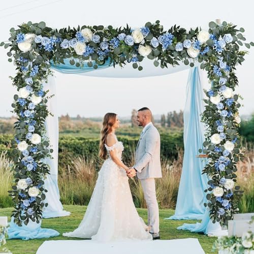 Lvydec 2 Pack Artificial Peony Flower Garland - 6ft Silk Peony Vine Willow Leaves and Eucalyptus Garland White Arch Flower Vine for Wedding Party Table Decoration (Blue) - Image 4