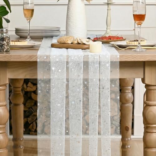 Artoid Mode 6PC Silver Stars White Gauze Table Runner 120 Inch 10FT, Reversible Glitter Sheer Dining Wedding Holiday Birthday Table Decor for Home Party - Image 2