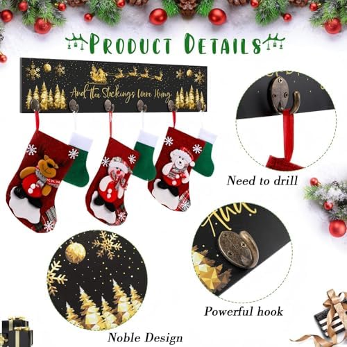 Soaoo Christmas Stocking Holder for Wall with 6 Hooks, Black, Gold - Image 3