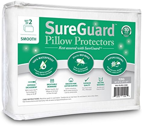Set of 2 King Size SureGuard Pillow Protectors - 100% Waterproof, Bed Bug Proof, Hypoallergenic - Premium Zippered Cotton Covers - Smooth by SureGuardMattressProtectors