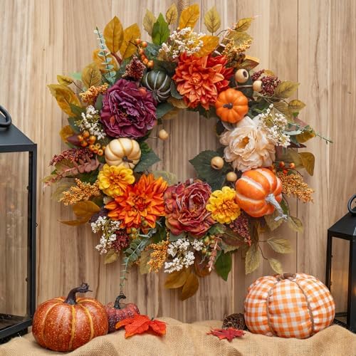 Fall Wreaths for Front Door Outside 24 Inch,Rustic Harvest Autumn Wreath - Image 3