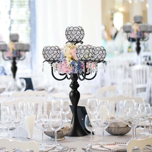 Set of 4 Crystal Tea Light Candle Holders - 22.5" Tall Metal & Crystal Centerpiece with Weighted Base for Birthday Valentine Dinner Table Decor- Matte Black - Image 4