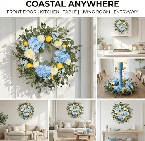 22 Inch Lemon Wreath for Front Door, UV Resistant Blue Hydrangea Olive Branch Floral, Waterproof Spring Summer Wreath - Image 2