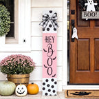 Pinkunn Pink Halloween Boo Porch Decor 47.2" Wood Sign with Large Bow - Image 5