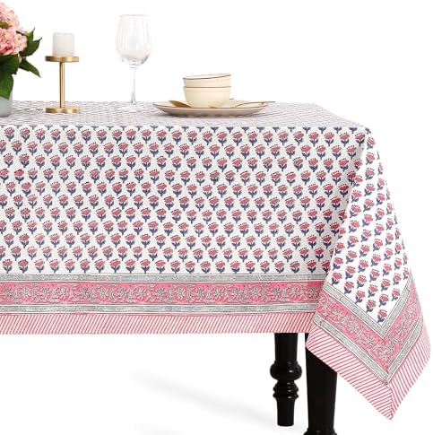 CPC Tablecloth 100% Cotton 72x140 Inch Indian Block Print Rectangle Table Cover, Pink Table Cloth for Weddings, Spring/Summer, Barbeque - Pink Sapphire by COTTONPRINTCLUB