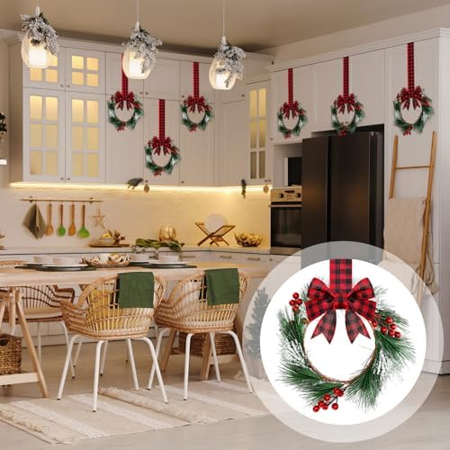 Crowye 12 Pcs Small Mini Christmas Cabinets Wreaths for Kitchen with Ribbon 10'' Hanging Artificial Green Leaves Decor Berry for Window Front Door Kitchen Wall Decor (Red and Black) - Image 4