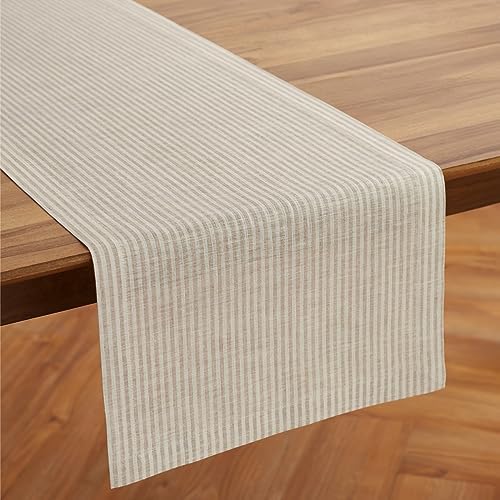 Solino Home 100% Linen Table Runner, 14 x 108 in, Natural and White Striped - Image 3