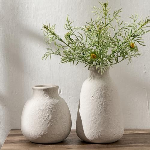 Ceramic Vase Set of 2 for Home Decor, 6.1"+8.23" Handcrafted Off-White Rustic Terracotta Vases, Vintage Farmhouse Decor, Minimalist Decorative Vases for Table Centerpiece Fireplace Nightstand by PORCER