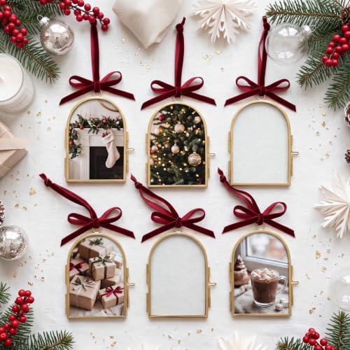 Qunclay 6 Pcs 2.5 x 3.5 Christmas Brass Picture Frame Ornaments Arch Xmas Metal Double Glass Hanging Photo Frame with Burgundy Velvet Ribbon for Christmas Tree Decorations(Gold Burgundy, Arch) - Image 4